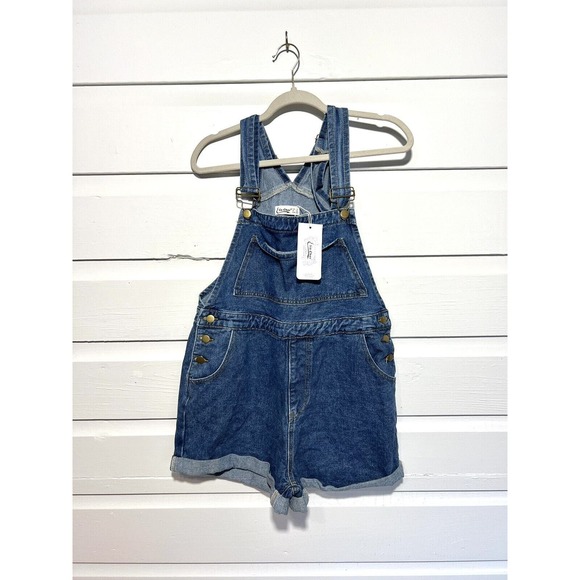 Elia Cher Denim - NEW Denim Blue Jean Bib Overalls Shorts Rolled Hems Womens M 8-10 Elia - Cher